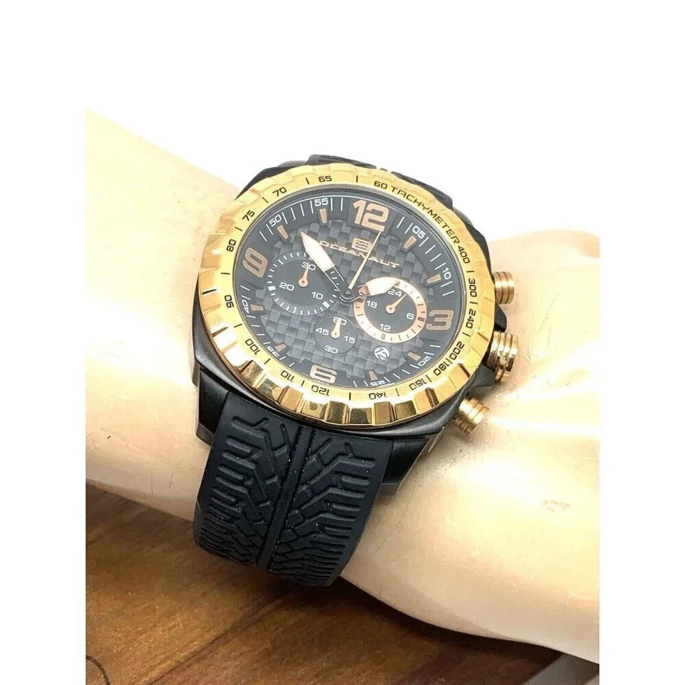 Oceanaut Men's Watch OC1121 Quartz Chronograph Gold Black Dial Rubber Band 47mm